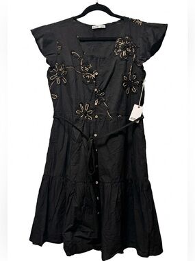 Black Dress with embroidered Flowers with cream colour outline. Button up Front